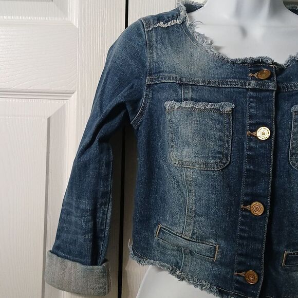 Princess Vera Wang cropped jean denim raw trim jacket Sz XS NWOT - Picture 4 of 8